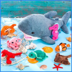 Zomiboo 18 Inch Plush Great White Shark with 7 Pcs of Soft Stuffed Sea Animals Include Manta Ray, Seahorse, Crab, Clown Fish, Turtle, Octopus and Lobster, Gift for Friend Kids