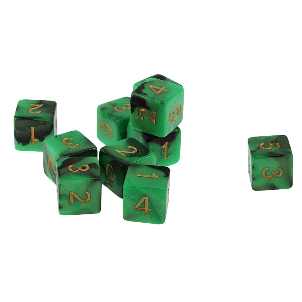 10pcs Six Sided Dual Colored D6 Dices For D&D Casino Poker Dice Guessing Games - Green & Black, 16mm