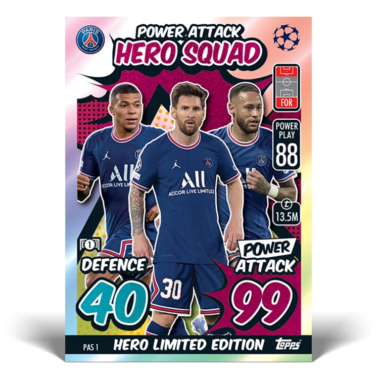 2021-22 Topps Match Attax Extra Champions League Cards - Mega Tin (66 Cards + 3 LE Power Attack + Messi, Neymar, Mbappe Hero Squad Card)