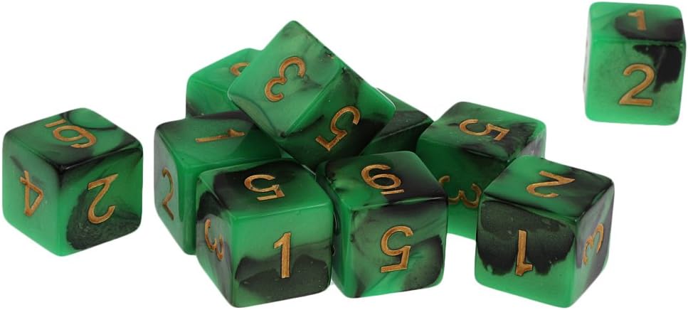 10pcs Six Sided Dual Colored D6 Dices For D&D Casino Poker Dice Guessing Games - Green & Black, 16mm