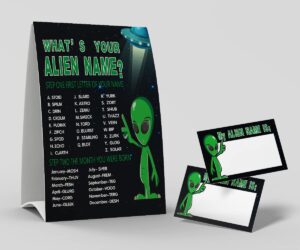 shupai what's your alien name game, 1 alien theme sign and 50 name tag stickers, birthday game for kids and adult parties, activity game for office or class | f014