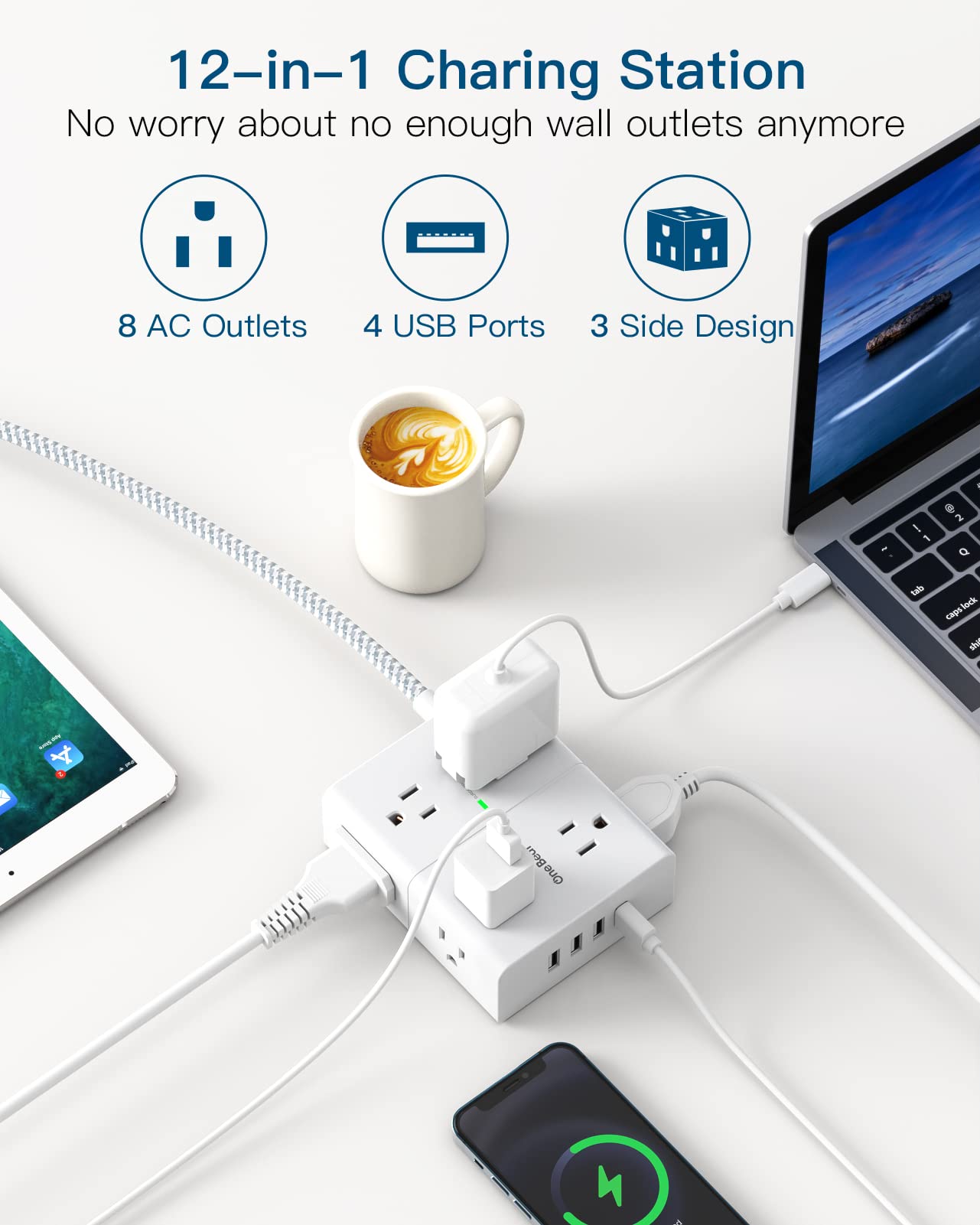 Power Strip Surge Protector with USB, 8 Widely Outlets 4 USB Ports Extension Cord with Flat Plug, 3 Sided Wall Outlets Extender USB Desktop Charging Station for Home Office Travel