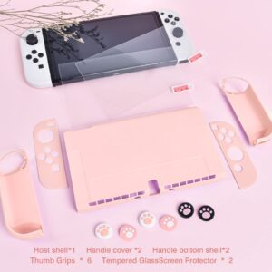 DLseego Switch OLED Protective Case Dockable Hard Shell Anti-Scratch Cover Joycon Accessory Skin with 6PCS Thumb Grips Caps and 2Pc Screen Protectors - Pink