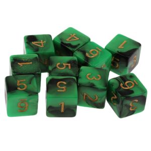 10pcs Six Sided Dual Colored D6 Dices For D&D Casino Poker Dice Guessing Games - Green & Black, 16mm