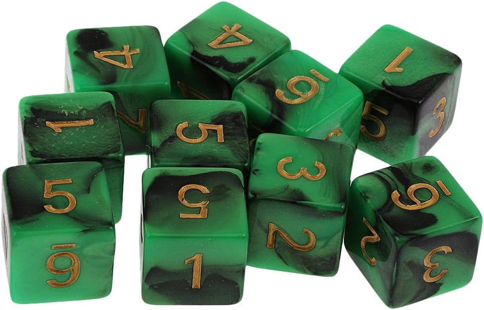 10pcs Six Sided Dual Colored D6 Dices For D&D Casino Poker Dice Guessing Games - Green & Black, 16mm