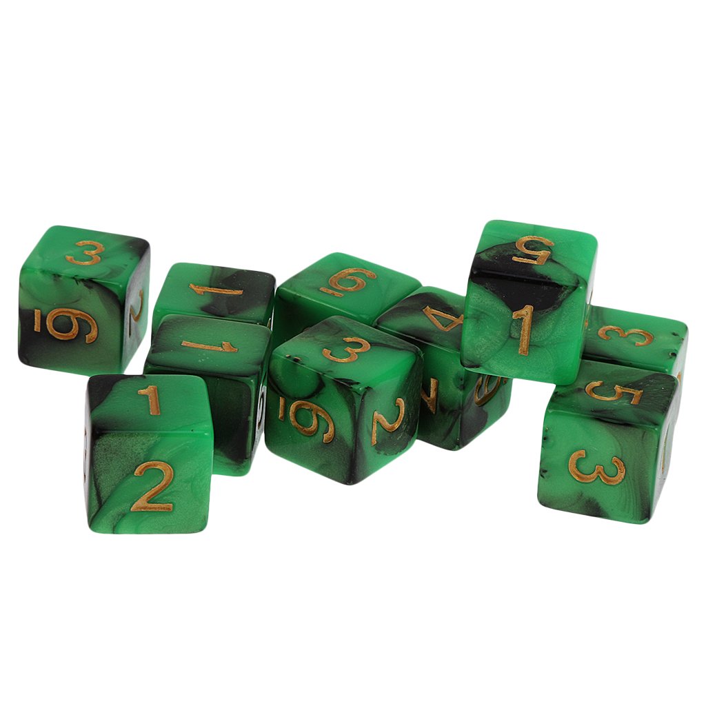 10pcs Six Sided Dual Colored D6 Dices For D&D Casino Poker Dice Guessing Games - Green & Black, 16mm