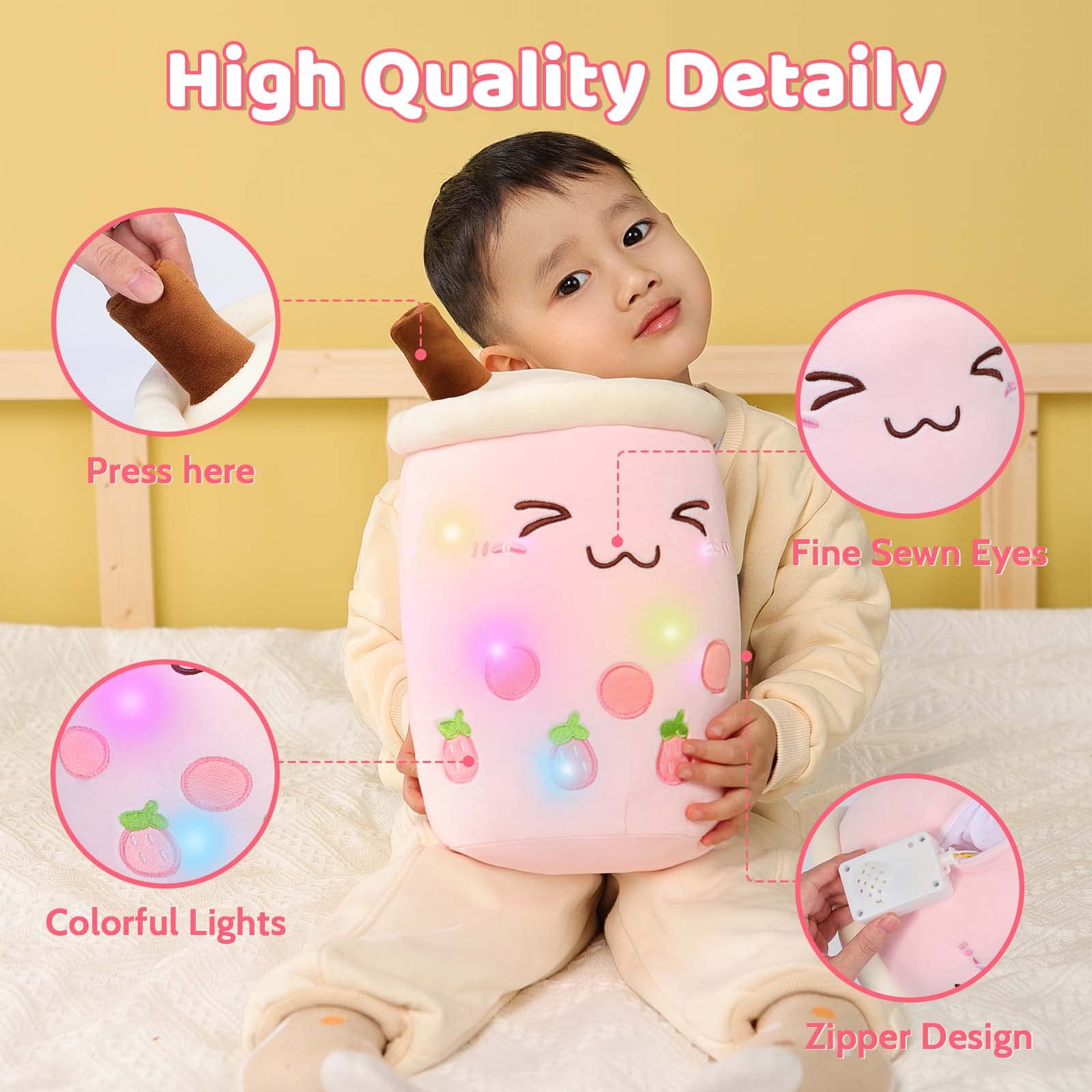 AIXINI Light up Boba Stuffed Plush Bubble Tea Pillow with LED Colorful Night Lights Glowing Super Soft-Pink,13.7''