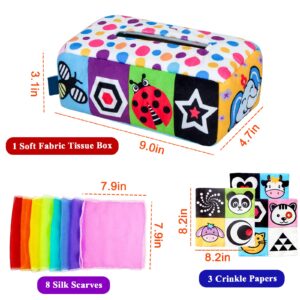 Adpartner Baby Tissue Box Toy, Montessori Sensory Baby Toys for Babies 6 to 12 Months, Soft Educational Tissue Toy Box with Fabric Crinkle Cards Scarves for 1 Year Old Boys Girls Early Learning Gifts