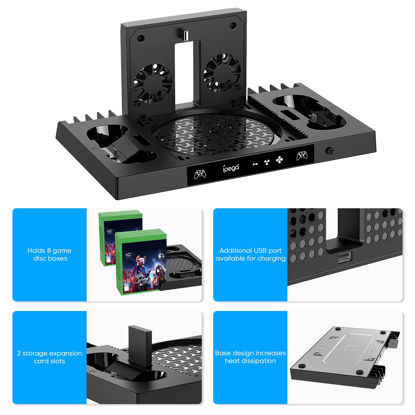 YUANHOT Upgraded Cooling Stand for Xbox Series X, Vertical Charging Station Dock Accessories with Fan Cooling System, Dual Controller Charger Ports, Headset Holder and Game Storage (ONLY for XSX)