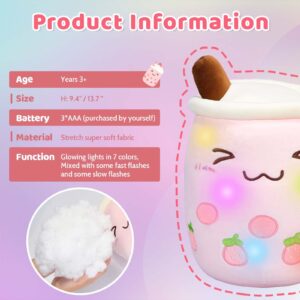 AIXINI Light up Boba Stuffed Plush Bubble Tea Pillow with LED Colorful Night Lights Glowing Super Soft-Pink,13.7''