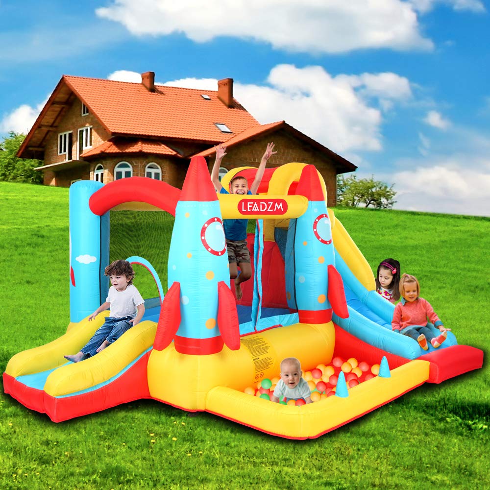 Slide Bouncer,Kids Bounce House,Inflatable Bouncy Jumping Castle with Slide, Indoor/Outdoor Bouncer House with Stakes, Repair Patches, and Storage Bag (Without Air Blower, Rocket)