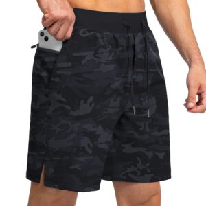 Men's Running Shorts with Zipper Pockets 7 Inch Lightweight Quick Dry Gym Athletic Workout Shorts for Men (Grey Camo, M)