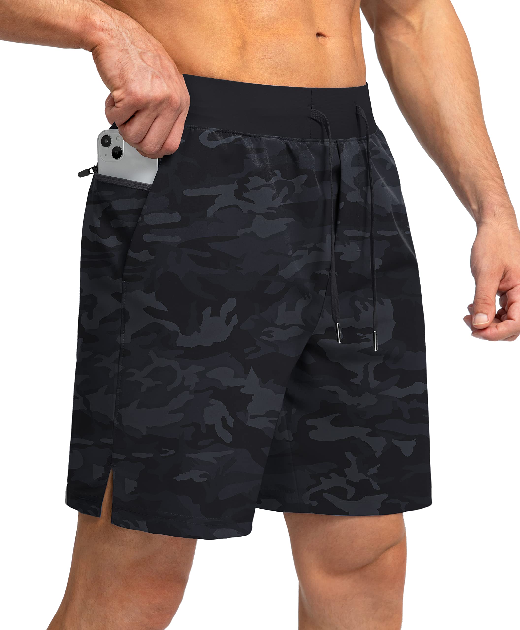 Men's Running Shorts with Zipper Pockets 7 Inch Lightweight Quick Dry Gym Athletic Workout Shorts for Men (Grey Camo, M)