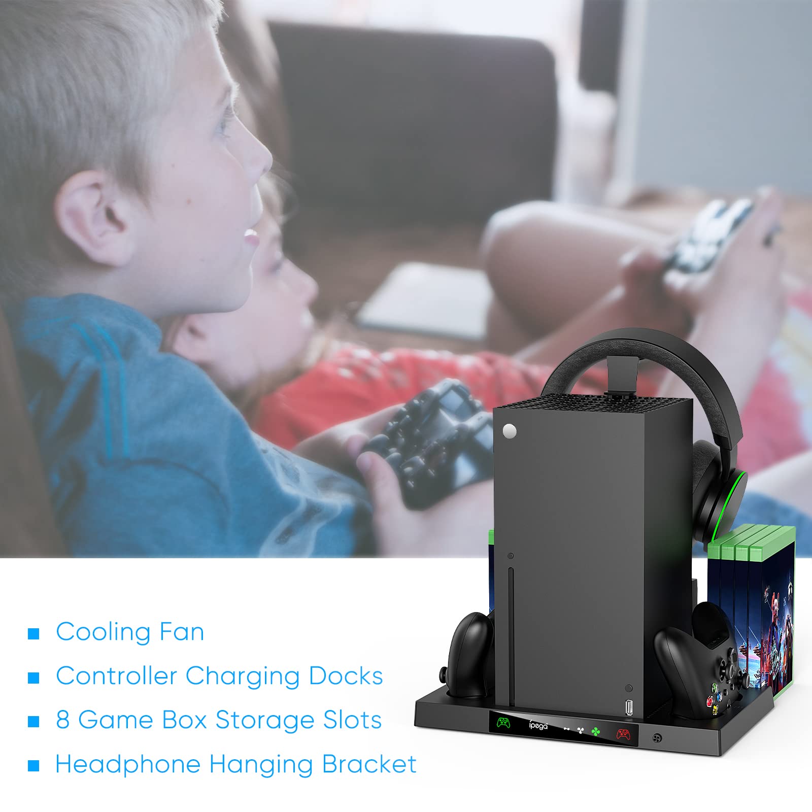 YUANHOT Upgraded Cooling Stand for Xbox Series X, Vertical Charging Station Dock Accessories with Fan Cooling System, Dual Controller Charger Ports, Headset Holder and Game Storage (ONLY for XSX)