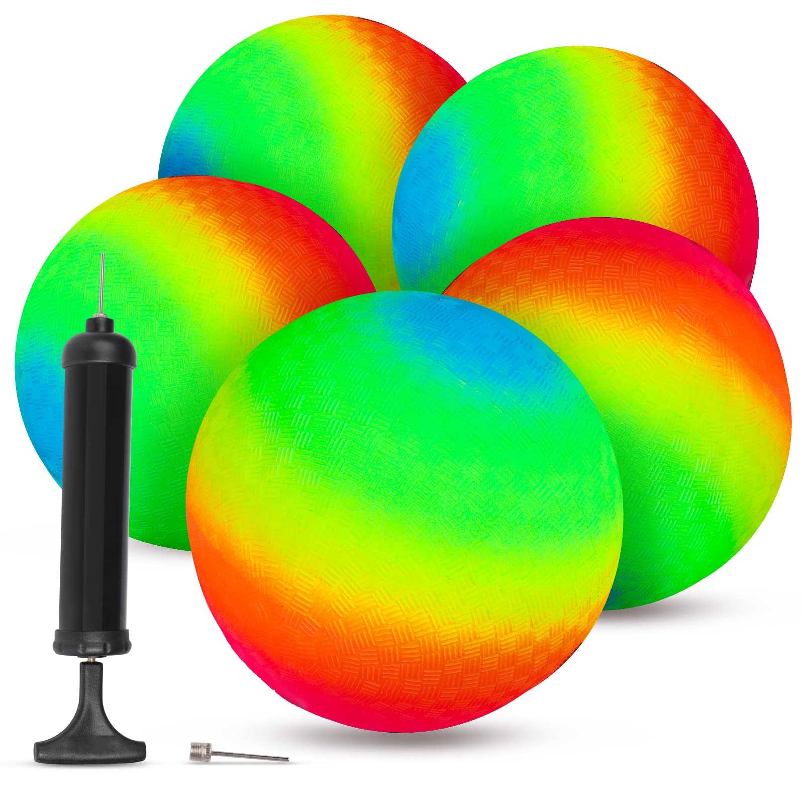 Eaezerav 5 Pack Rainbow Playground Balls Set 6 Inch Inflatable Rainbow Sports Balls with Hand Pump, Rubber Play Ball Dodgeball KickBalls for Kids Toddlers Indoor & Outdoor Games