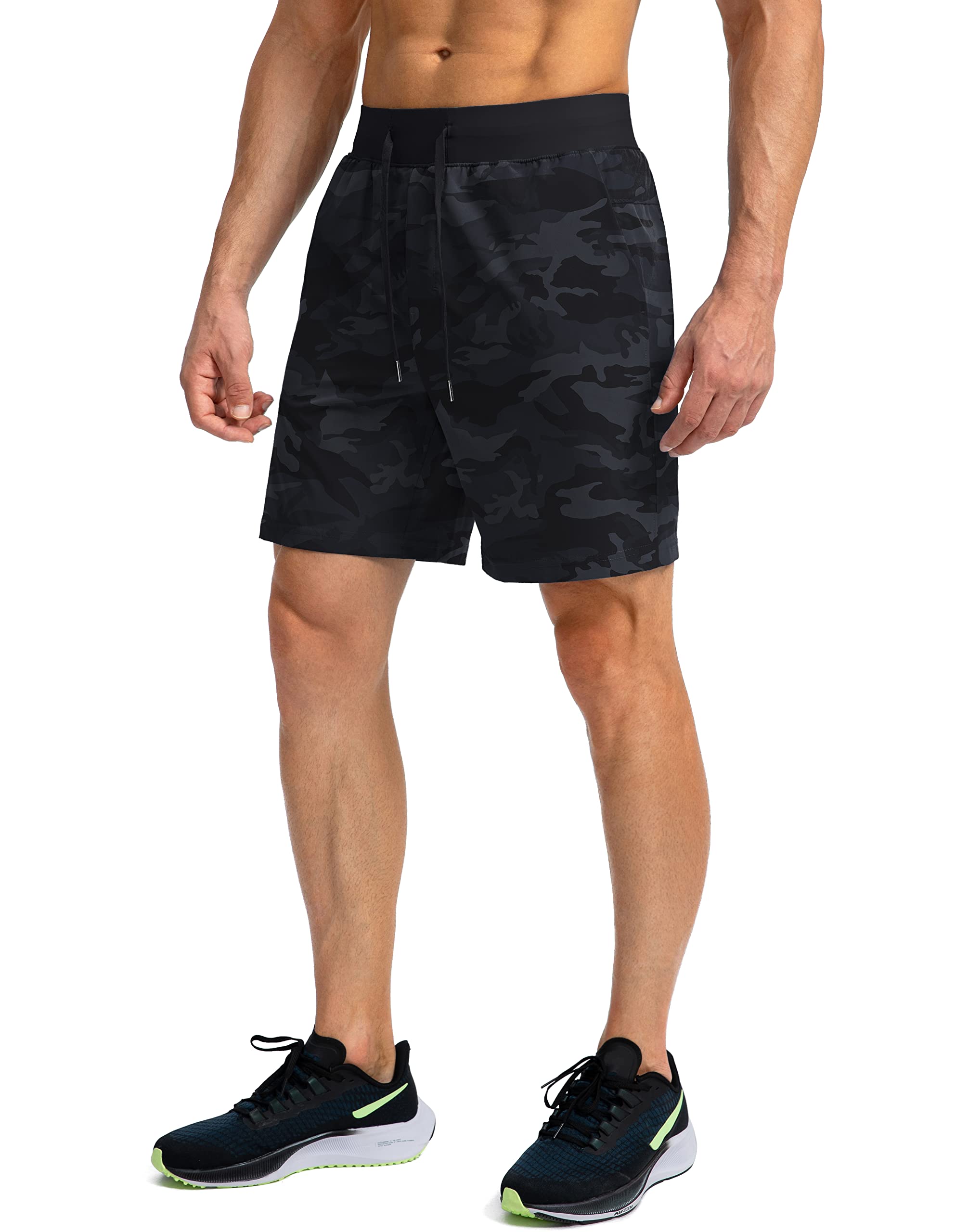 Men's Running Shorts with Zipper Pockets 7 Inch Lightweight Quick Dry Gym Athletic Workout Shorts for Men (Grey Camo, M)