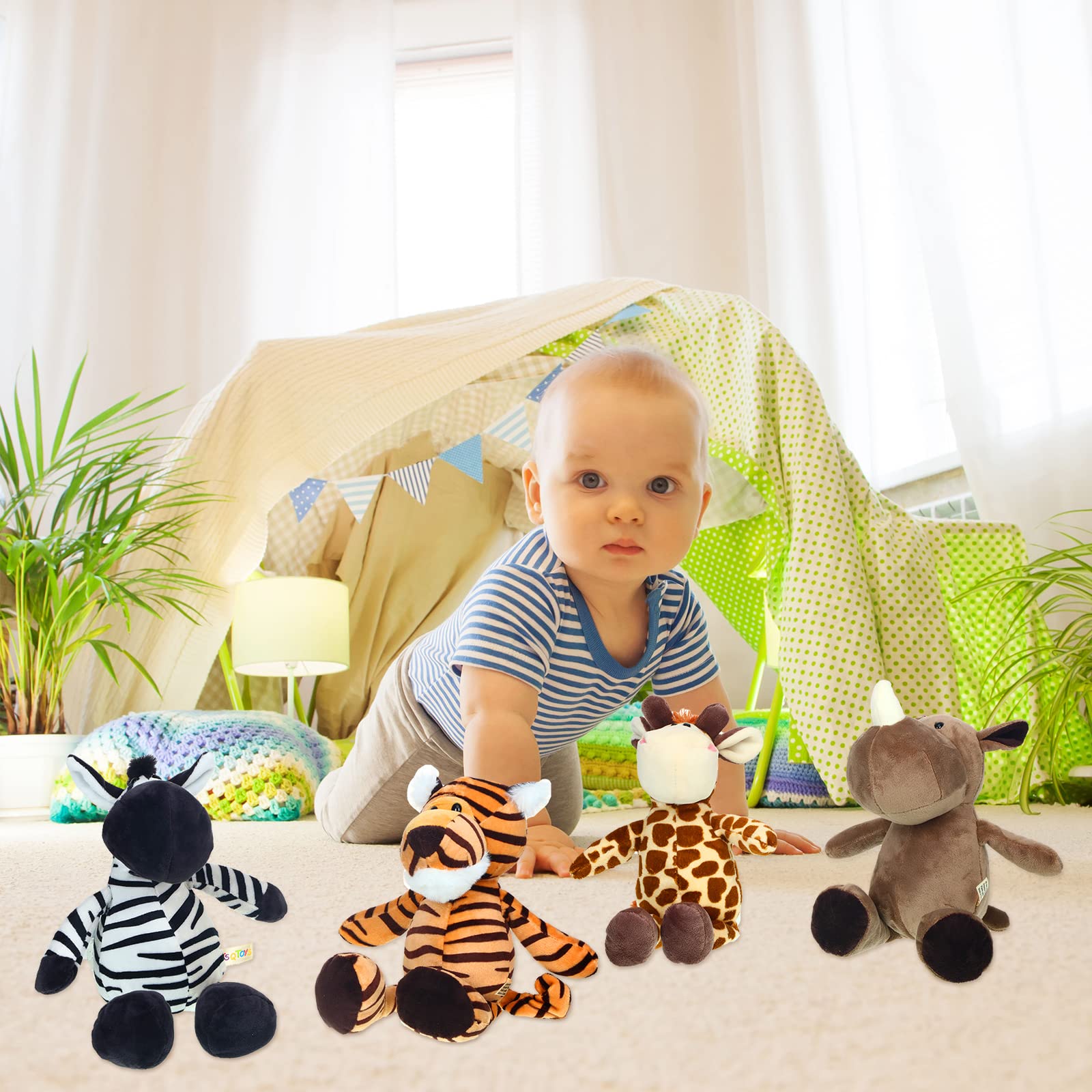 9 Pcs Plush Jungle Animals Toys Jungle Safari Stuffed Animals Bundle 9.9 Inch Cute Plush Animal Toys Includes Tiger Lion Elephant Monkey Zebra Raccoon Rhino Giraffe for Kids Animal Theme Party