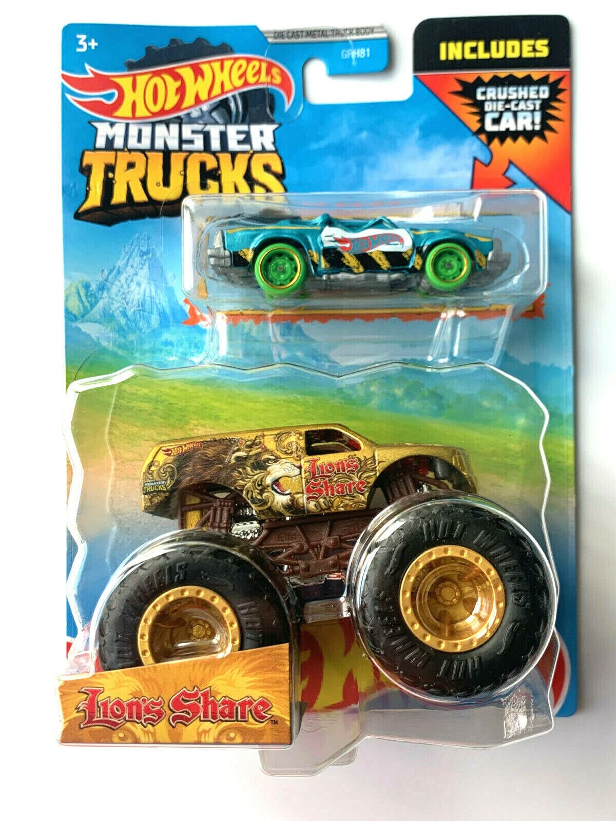 DieCast Hot Wheels Monster Trucks Lion's Share, 1:64 Scale Truck with car