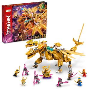 lego ninjago lloyd’s golden ultra dragon toy for kids, 71774 large 4 headed action figure with blade wings plus 9 minifigures