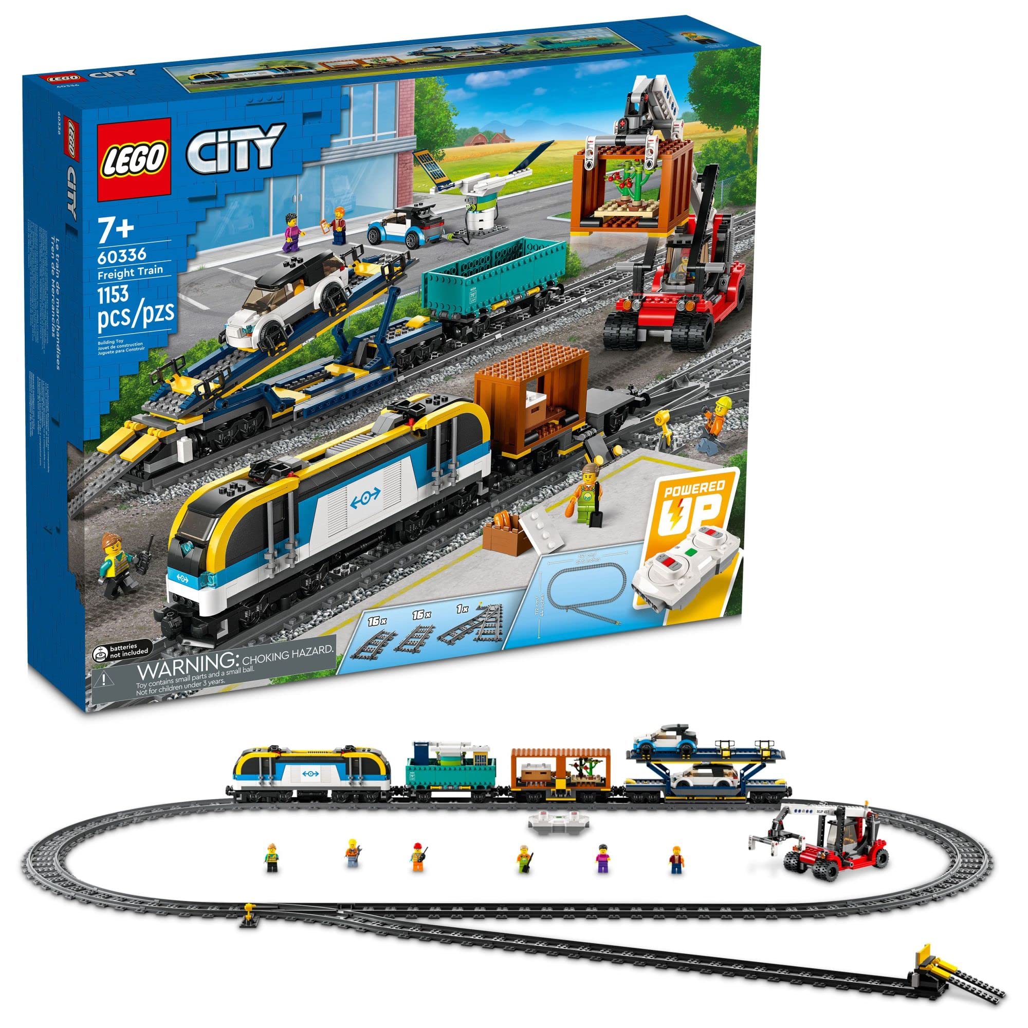 LEGO City Freight Train Set, 60336 Remote Control Toy for Kids Aged 7 Plus with Sounds, 2 Wagons, Car Transporter, 33 Track Pieces and 2 EV Car Toys