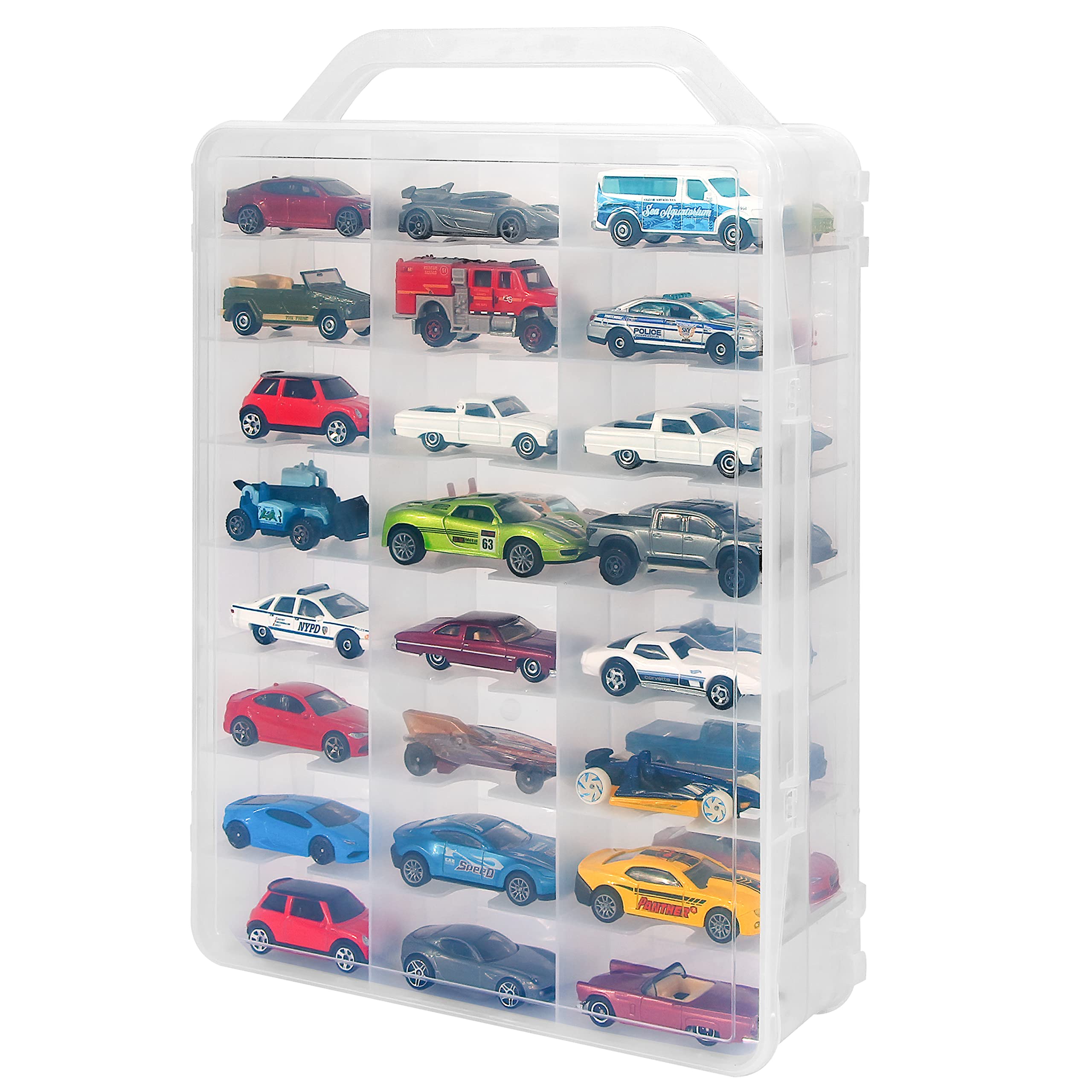 KISLANE Double Sided Storage Case for 46 Toy Cars, Matchbox Cars, Portable Transparent Storage Case with 46 Compartments, Case Only (Transparent)…