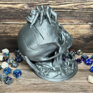 MunnyGrubbers - 6.5" Skull Dice Tower - (Random 7PCS D20 Dice Set Included) - No Paint Odorless Plastic - Tabletop Roleplaying Game - Dice Roller - Dungeons and Dragons - DND - D&D - (Silver)