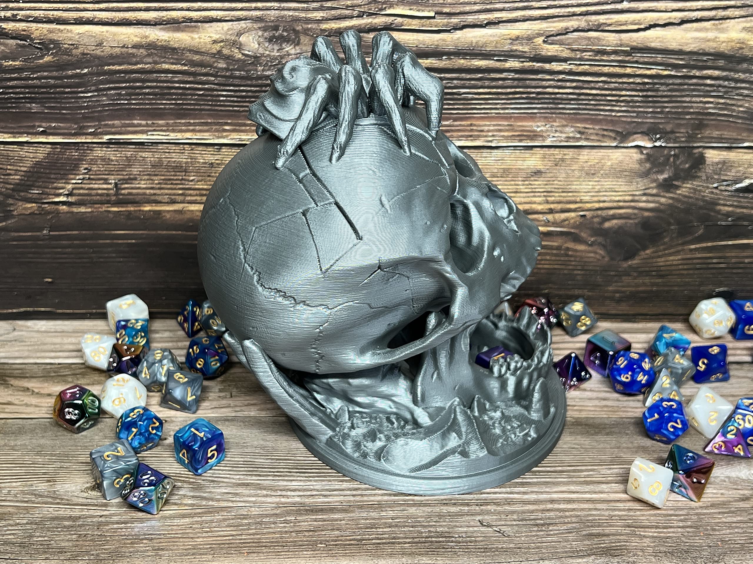 MunnyGrubbers - 6.5" Skull Dice Tower - (Random 7PCS D20 Dice Set Included) - No Paint Odorless Plastic - Tabletop Roleplaying Game - Dice Roller - Dungeons and Dragons - DND - D&D - (Silver)