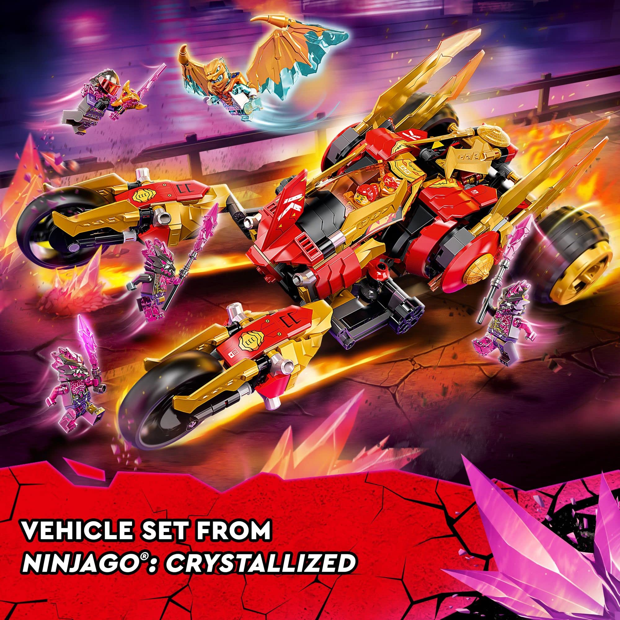 LEGO NINJAGO Kai’s Golden Dragon Raider Multi-Terrain Car Toy 71773 with Kai and Zane Minifigures, Building Set for Kids Ages 8 Plus