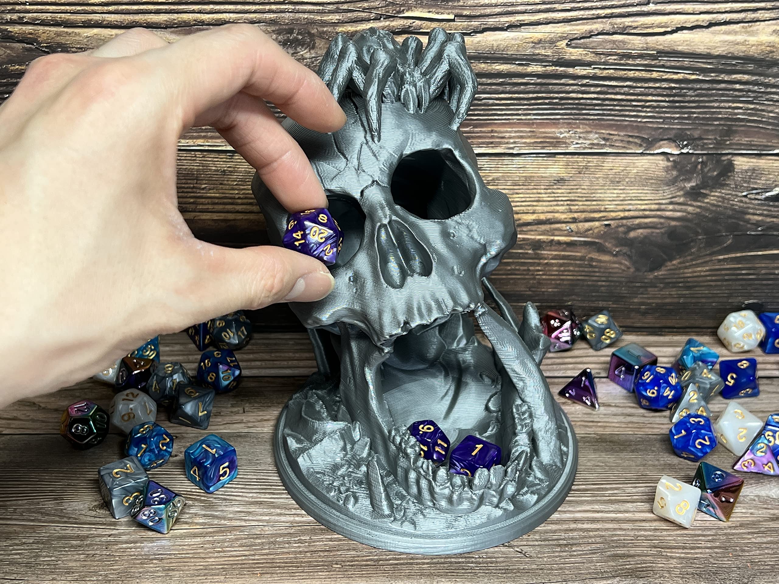 MunnyGrubbers - 6.5" Skull Dice Tower - (Random 7PCS D20 Dice Set Included) - No Paint Odorless Plastic - Tabletop Roleplaying Game - Dice Roller - Dungeons and Dragons - DND - D&D - (Silver)