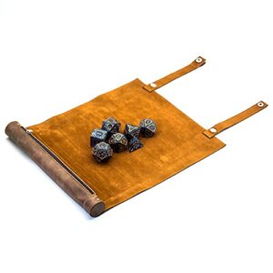 all in one brown leather mat tray scroll dnd dice box for dungeons and dragons, gifts, d&d, d and d, pathfinder, accessories, d20, polyhedral, resin dice, metal, dice tray, tower, vault