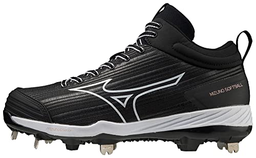 Mizuno Women's Sweep 6 Mid Softball Shoe, Black-White, 8.5