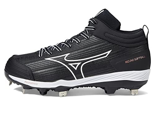 Mizuno Women's Sweep 6 Mid Softball Shoe, Black-White, 8.5