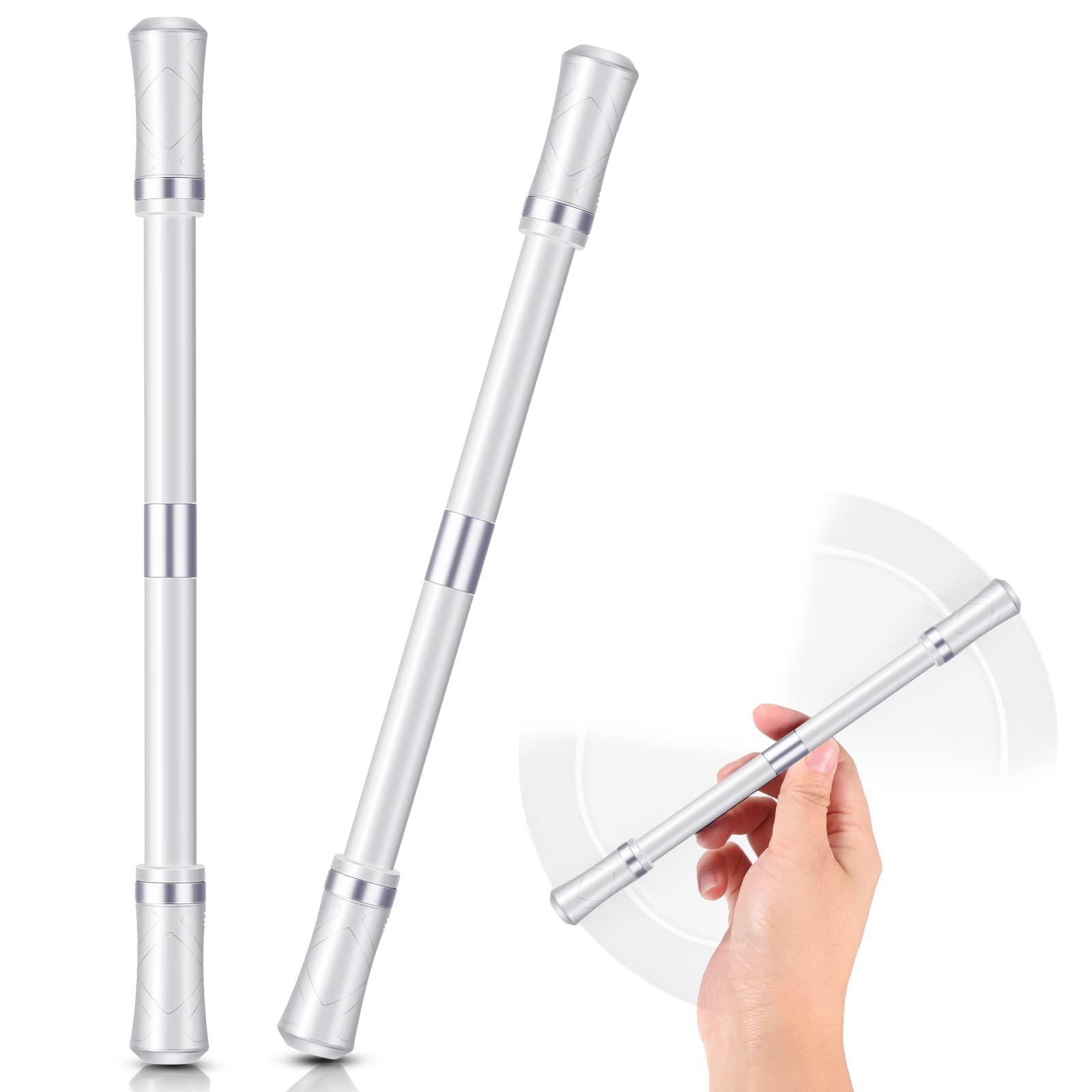 2 Pieces Spinning Pen Rolling Finger Rotating Pen Gaming Trick Pen Mod with Tutorial No Pen Refill Stress Releasing Brain Training Toys for Kids Adults Student Office Supplies (White and Silver)