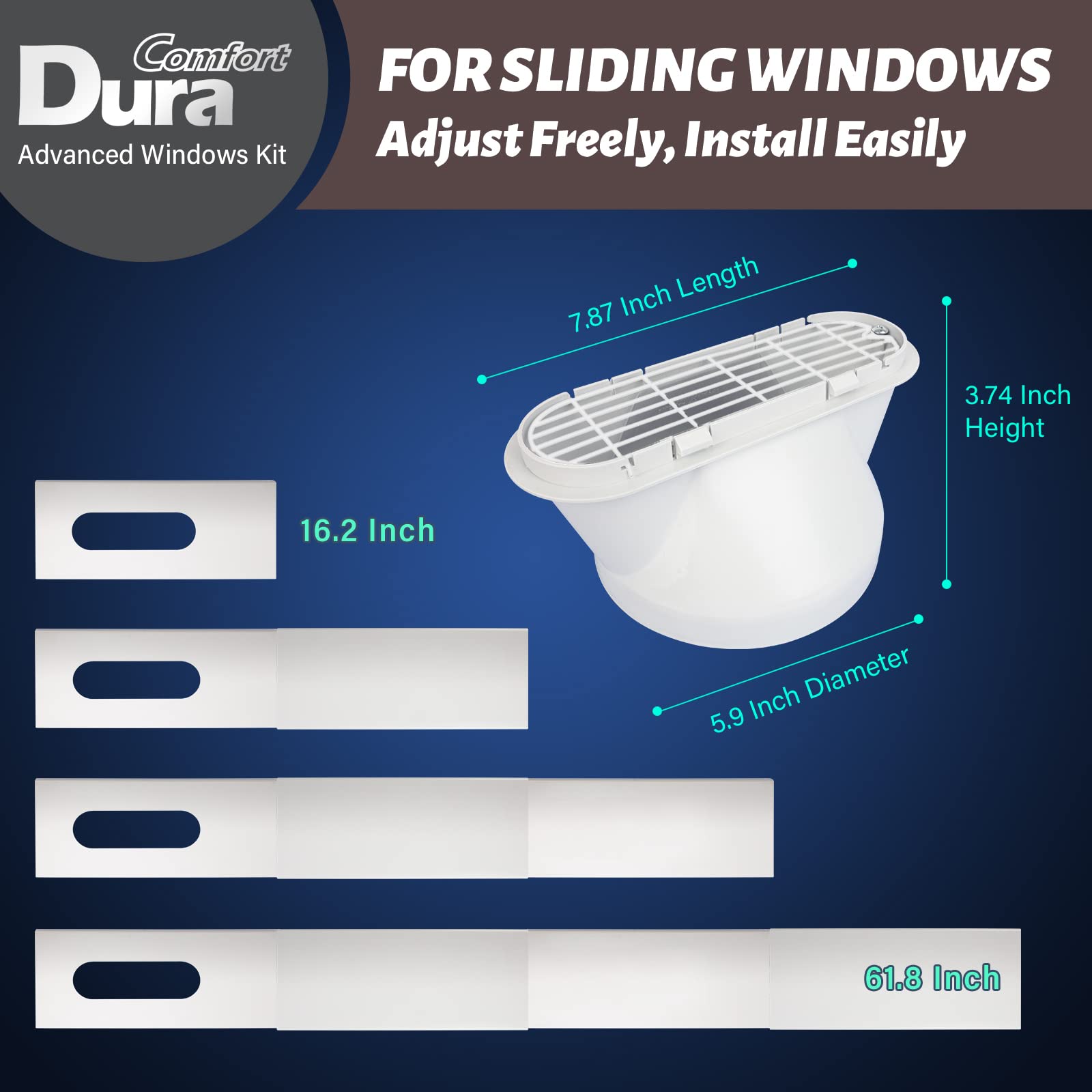 DuraComfort Portable AC Window Kit, Window Seal for AC Unit with 5.9 Inches(6") Diameter Coupler, Sliding Vent Kit for Air Conditioner Exhaust Hose, Up to 61.8 Inches