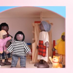 Jzszera Wooden Dollhouse People of 7 Pcs Family Figures with 2 Pets (Dog and Cat) for Girls Toddler Kids Dollhouse Accessories Toy