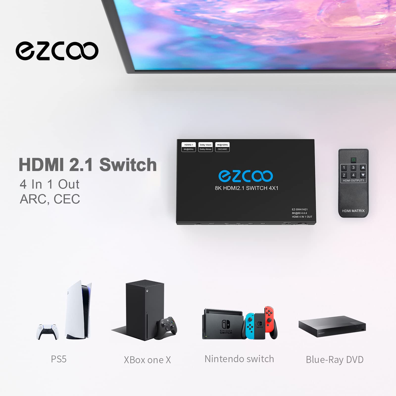 HDMI Switch 8K 4x1 4K 120Hz VRR G/Sync CEC ARC Atmos - HDMI 2.1 Switcher 4 in 1 Out 240Hz 144Hz HDCP Bypass 4 Port Selector,IR Remote for QLED Game Monitor PS5 Xbox PC Mac Window Apple TV Projector