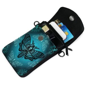 MNSRUU PU Leather Crossbody Bag Blue Skull Moth Butterfly Cell Phone Pouch Wallet with Credit Card Slots Small Shoulder Bag with Strap for Women