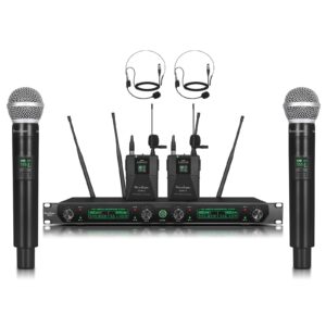 microcqueen wireless microphone system, 4-channel uhf professional mic, automatically pair metal cordless mic with 2 handheld and 2 bodypack, 400ft range, for singing, karaoke, party, wedding, concert