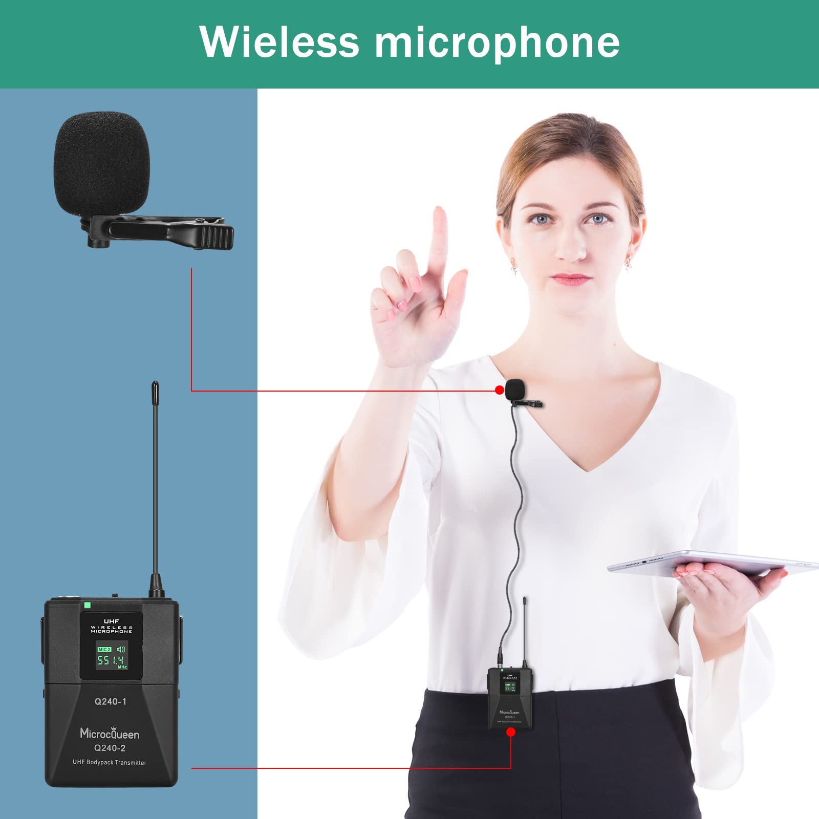 MicrocQueen Wireless Microphone System, 4-Channel UHF Professional Mic, Automatically Pair Metal Cordless Mic with 2 Handheld and 2 Bodypack, 400ft Range, for Singing, Karaoke, Party, Wedding, Concert