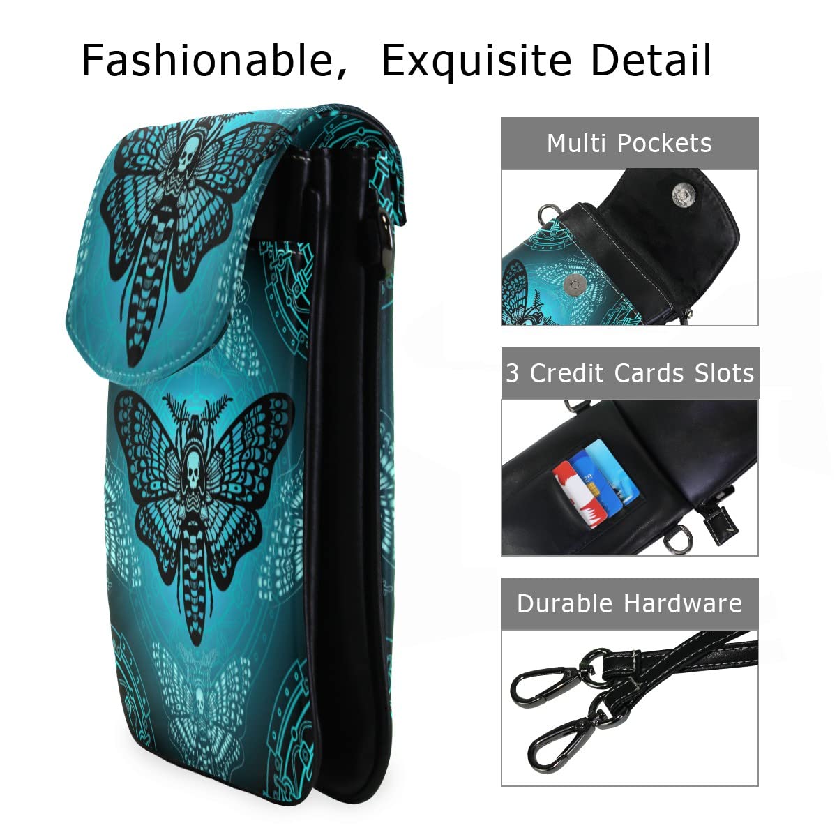 MNSRUU PU Leather Crossbody Bag Blue Skull Moth Butterfly Cell Phone Pouch Wallet with Credit Card Slots Small Shoulder Bag with Strap for Women