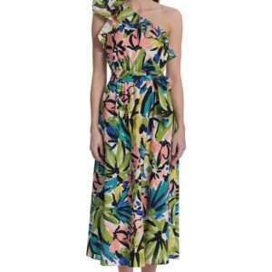 Donna Morgan Women's Bold Floral Printed Midi Dress with Ruffle One Shoulder, Soft White/Olive Green, 16