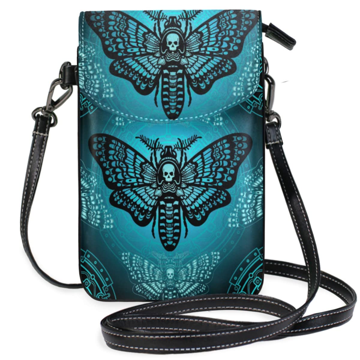 MNSRUU PU Leather Crossbody Bag Blue Skull Moth Butterfly Cell Phone Pouch Wallet with Credit Card Slots Small Shoulder Bag with Strap for Women