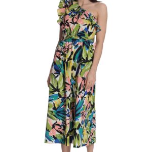 Donna Morgan Women's Bold Floral Printed Midi Dress with Ruffle One Shoulder, Soft White/Olive Green, 16