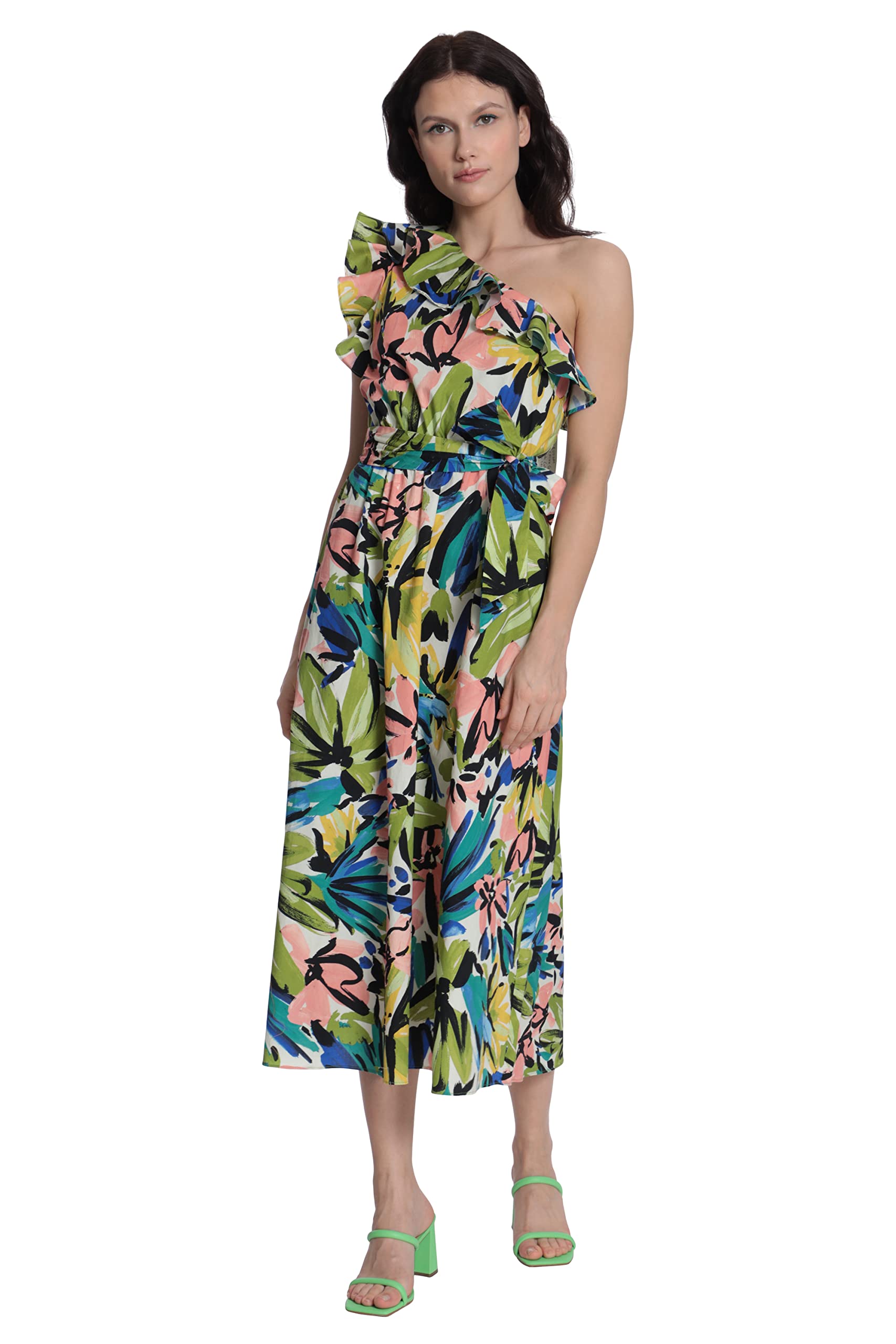 Donna Morgan Women's Bold Floral Printed Midi Dress with Ruffle One Shoulder, Soft White/Olive Green, 16