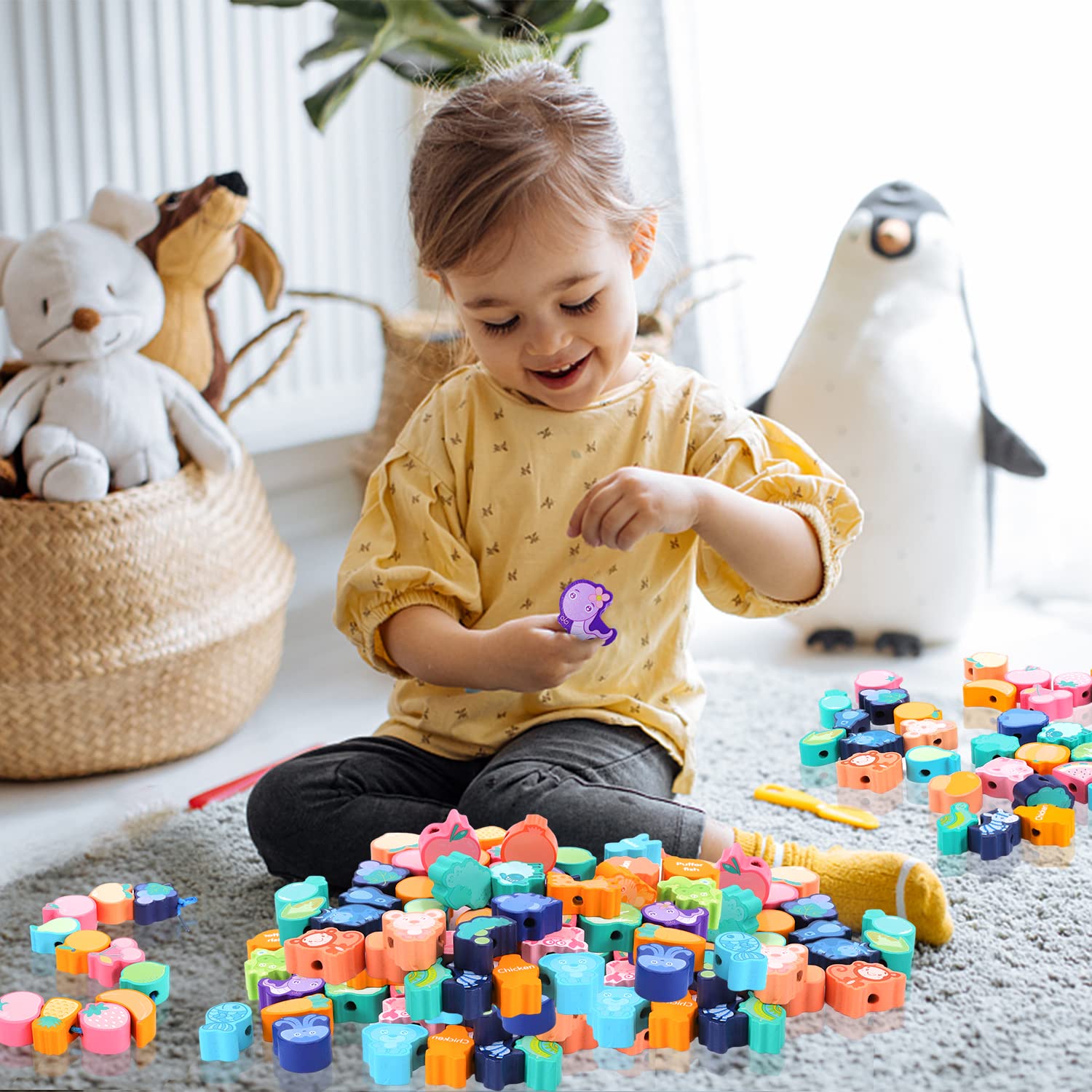 50PCS Wooden Lacing Beads,Animals Fruits Threading Beads Set,Wooden Preschool Learning Lacing Toys,Vegetable Stringing Toy,Montessori Educational Threading Toy for Toddlers 3 4 5 6 Year Old Boys Girls