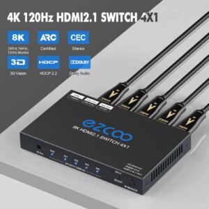 HDMI Switch 8K 4x1 4K 120Hz VRR G/Sync CEC ARC Atmos - HDMI 2.1 Switcher 4 in 1 Out 240Hz 144Hz HDCP Bypass 4 Port Selector,IR Remote for QLED Game Monitor PS5 Xbox PC Mac Window Apple TV Projector