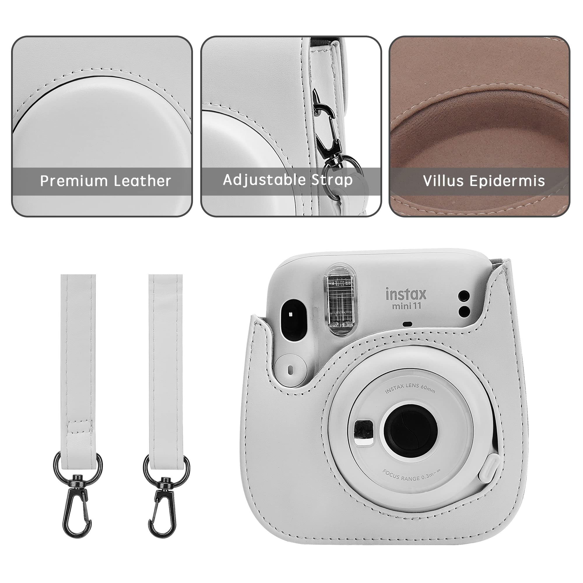 Camera Case Compatible with Fujifilm Instax Mini 11/ 9/ 8/ 8+ Instant Camera with Adjustable Strap and Pocket (White)