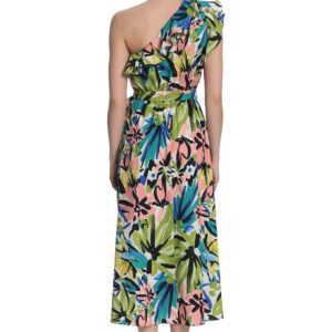 Donna Morgan Women's Bold Floral Printed Midi Dress with Ruffle One Shoulder, Soft White/Olive Green, 16