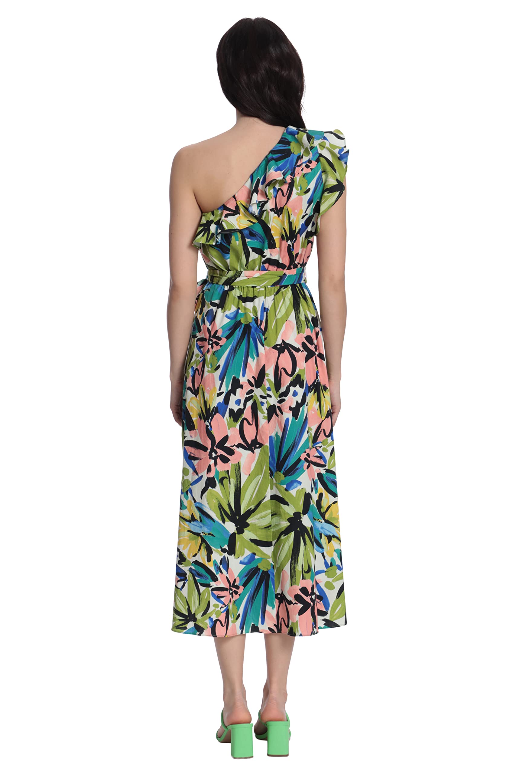 Donna Morgan Women's Bold Floral Printed Midi Dress with Ruffle One Shoulder, Soft White/Olive Green, 16