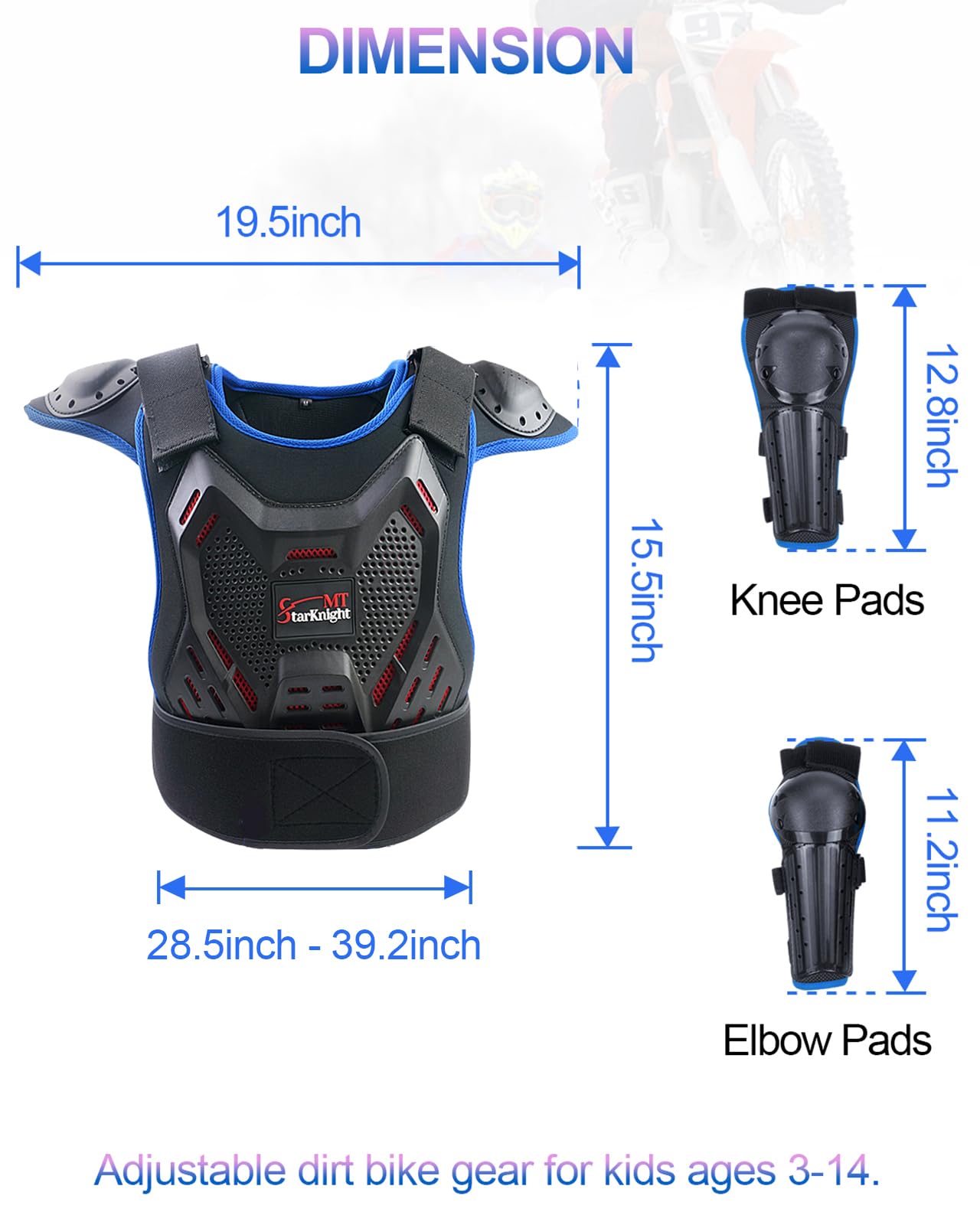 StarknightMT Kids Motorcycle Armor Suit Dirt Bike Gear， Youth Motocross Riding Protector with Knee Elbow Arm Shoulder Protection Pad for Cycling Off-Road Riding Skiing Skating (Blue)